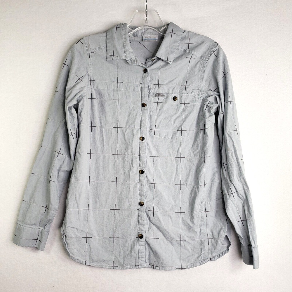Columbia Button Down Shirt Mens Small Gray Long Sleeve Cross Print Lightweight‎